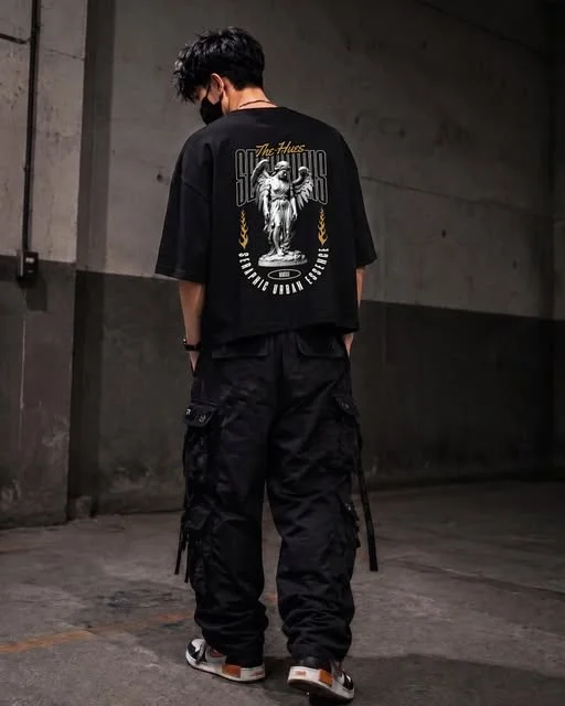 Camiseta oversize negra con ángel estampado
